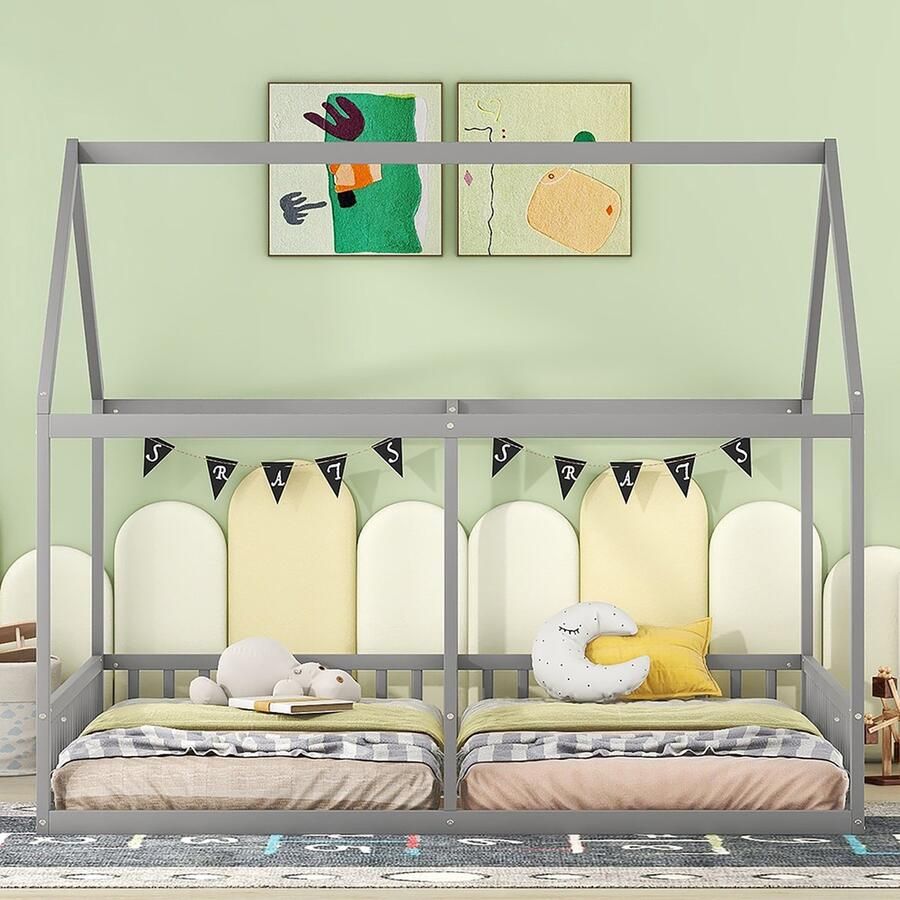 KOMHTOM Bed Kinderbed Kajuitbed 90x200 cm Twee eenpersoonsbed huismodellen bedden 2 in 1 Grijs