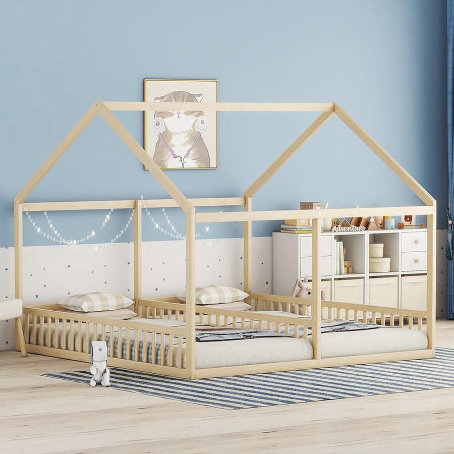 KOMHTOM Bed Kinderbed Kajuitbed 90x200 cm Twee eenpersoonsbed huismodellen bedden 2 in 1 Naturel