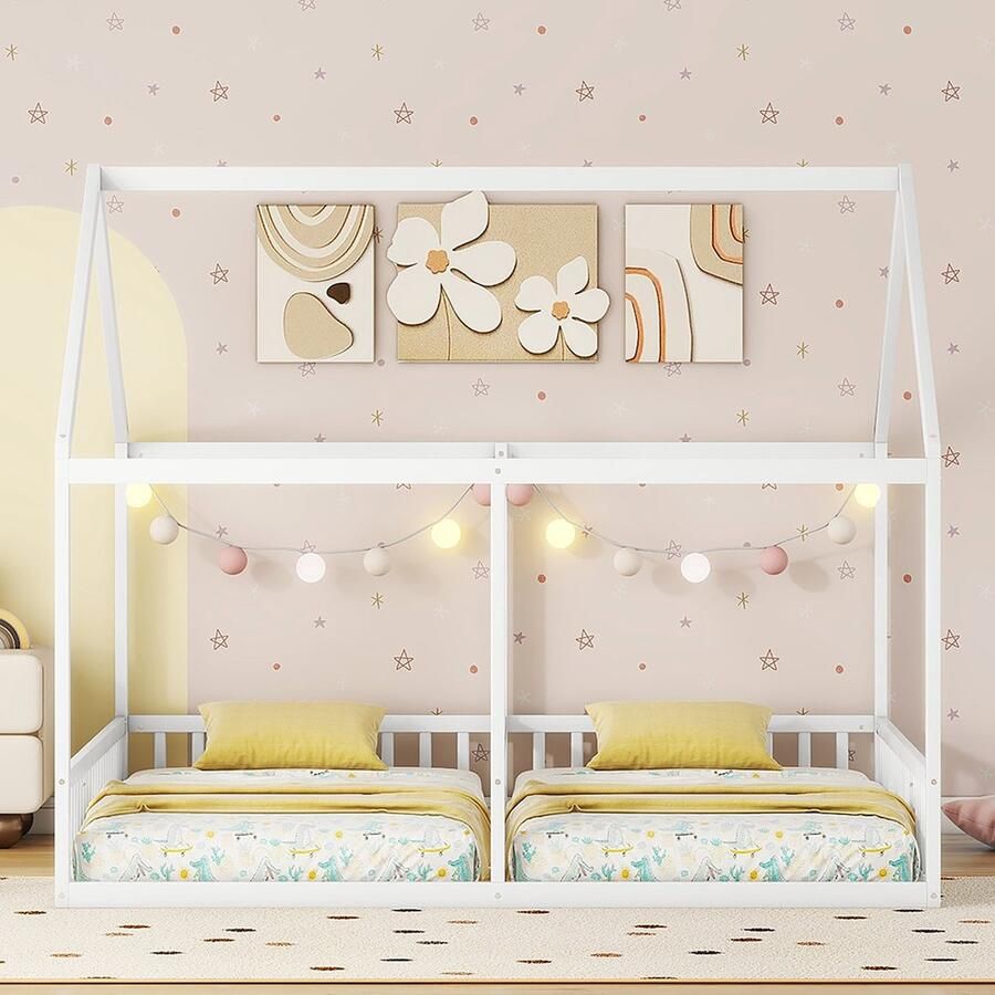 KOMHTOM Bed Kinderbed Kajuitbed 90x200 cm Twee eenpersoonsbed huismodellen bedden 2 in 1 Wit
