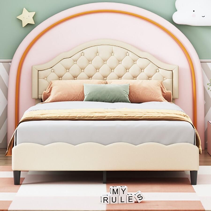 KOMHTOM Bed Kinderbed Tweepersoonsbed 140x200 cm Gestoffeerd kajuitbed met meisjesbedrugleuning PU beige