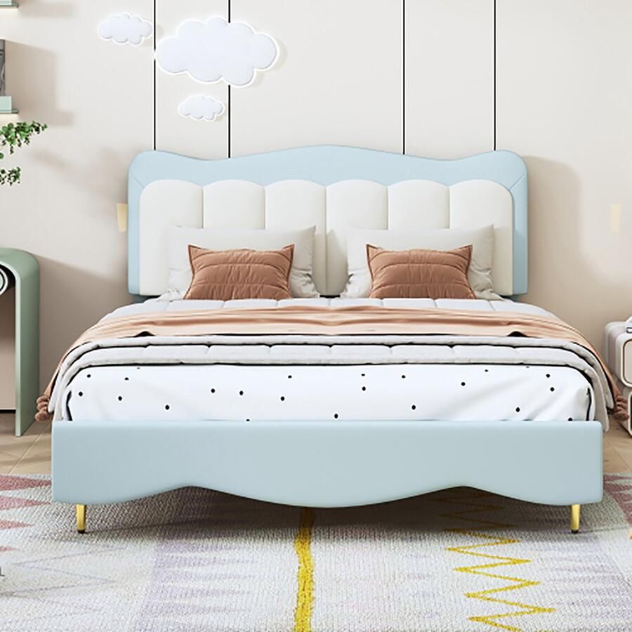 KOMHTOM Bed Kinderbed tweepersoonsbed 140x200 cm PU leer met lattenbodem Lichtblauw