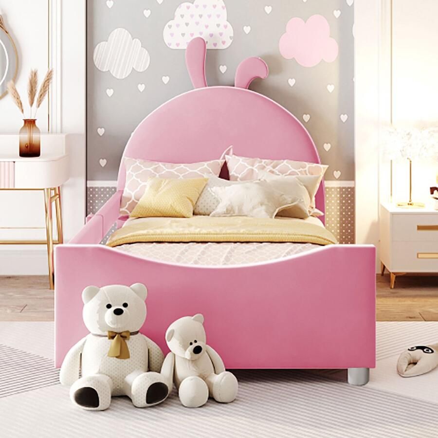 KOMHTOM Bed Kinderhutbed gestoffeerd slaapbank met armleuning rugleuning bed 90x200 cm roze