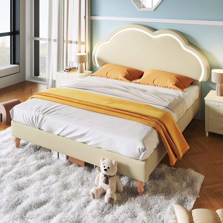 KOMHTOM Bed LED-kinderbed Tweepersoonsbed 140x200 cm met lattenbodem en verstelbaar