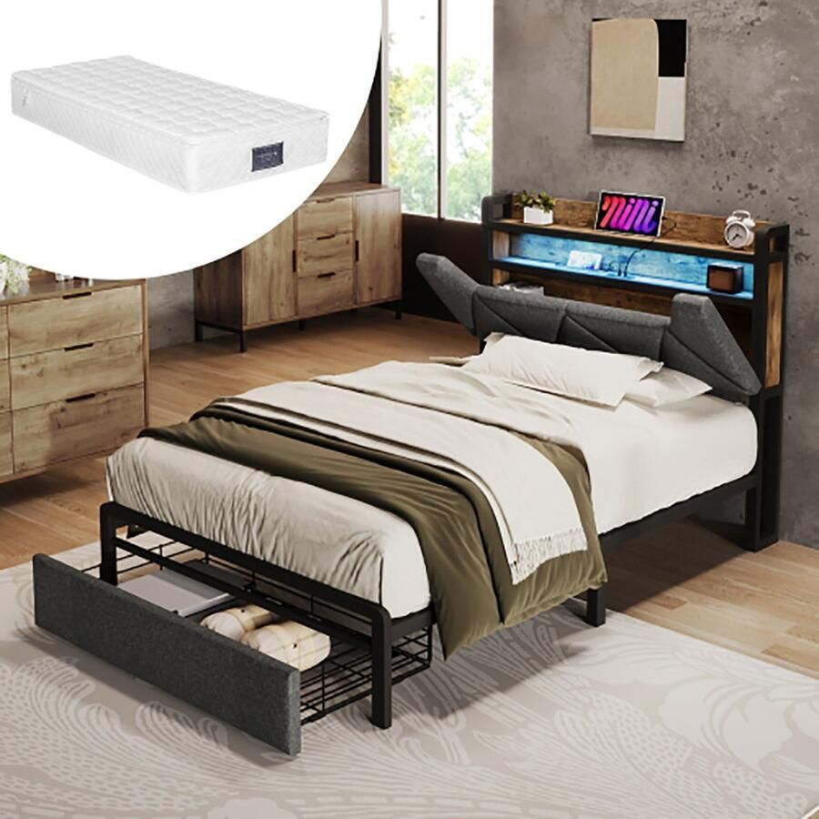 KOMHTOM Bed met laden Gestoffeerd bed met oplaadfunctie USB Type C Eenpersoonsbed 90x200 cm met metalen lattenbodem Grijs Met matras