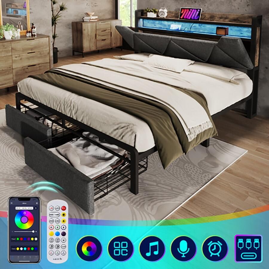 KOMHTOM Bed met laden Gestoffeerd bed met oplaadfunctie USB Type C Tweepersoonsbed 160x200 cm met metalen lattenbodem Grijs