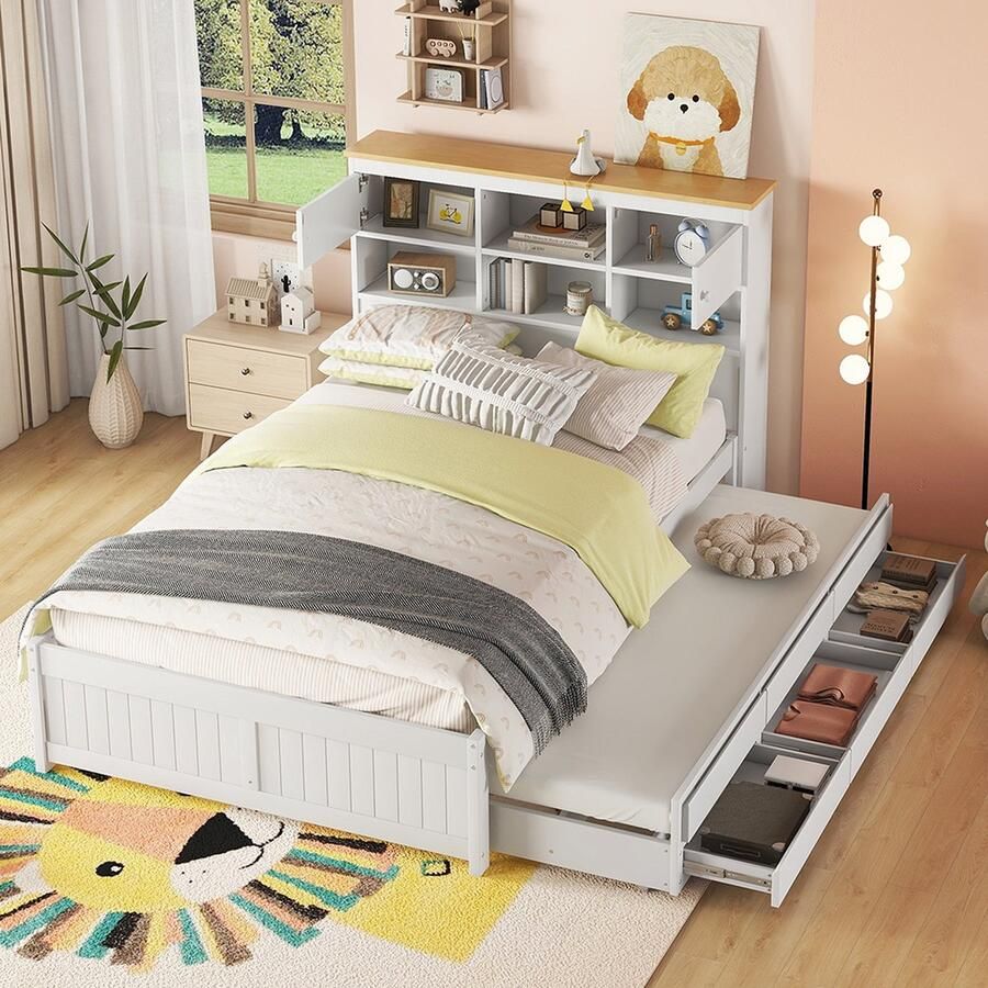 KOMHTOM Bed met laden Kinderbed 140x200 cm Tweepersoonsbed met verschillende opbergvakken Onderschuifbed Wit