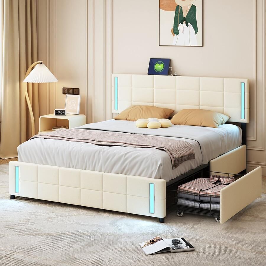KOMHTOM Bed met laden Volwassenenbed 140x200 cm met LED-lichtstopcontact 4 laden linnen eenpersoons Beige