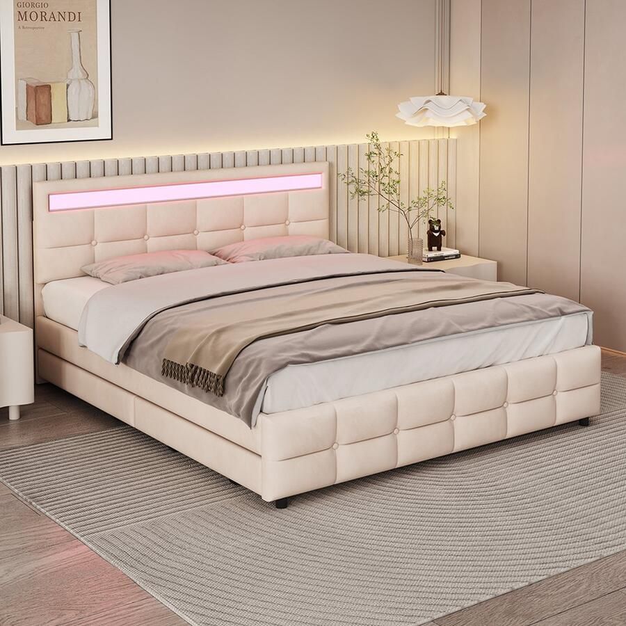 KOMHTOM Bed met laden Volwassenenbed 180x200 cm Tweepersoonsbed met 4 laden Beige