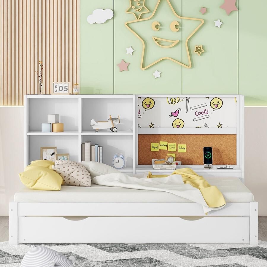 KOMHTOM Bed Slaapbank 90x200 cm met uitschuifbaar bed usb-laadcontactdoos opbergvakken wit