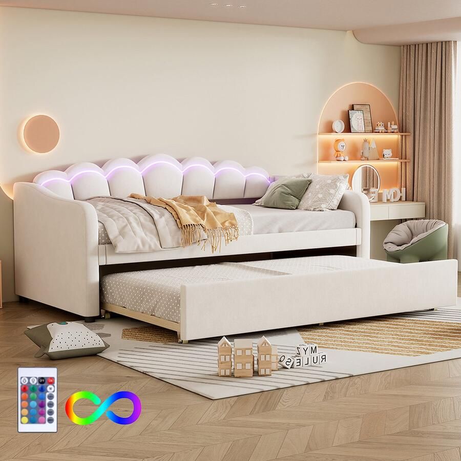 KOMHTOM Bed Slaapbank 90x200 Dagbed met uitschuifbaar bed Sfeerlicht dat van kleur verandert Afstandsbediening Zonder matras Fluweel Beige
