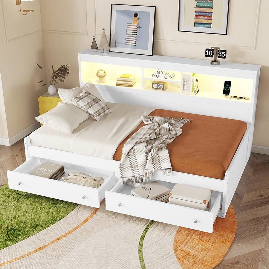 KOMHTOM Bed Slaapbank 90x200 met 2 USB en 2 oplaadcontactdozen met twee laden Zonder matras Spaanplaat Wit