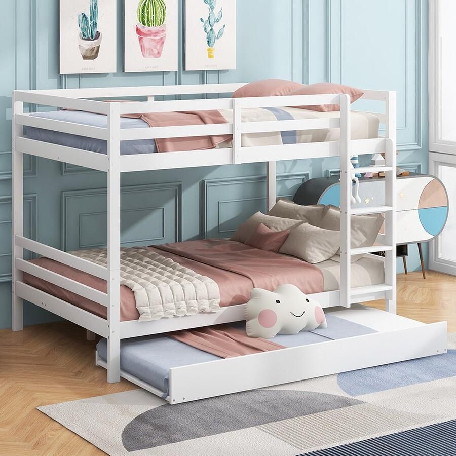 KOMHTOM Bed Stapelbed Kinderbed 140x200 cm met onderschuifbed Hoge leuningen Stabiele trap Wit