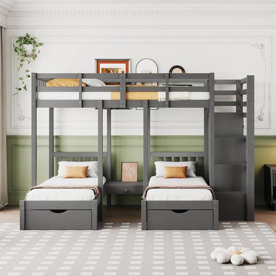 KOMHTOM Bed Stapelbed Kinderbed 90x200 cm Hoogslapers met opbergladen en veiligheidsladder Grijs