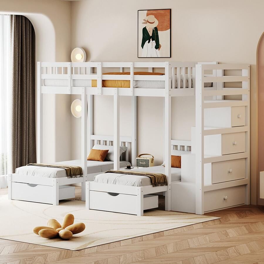 KOMHTOM Bed Stapelbed Kinderbed 90x200 cm Hoogslapers met opbergladen en veiligheidsladder Wit