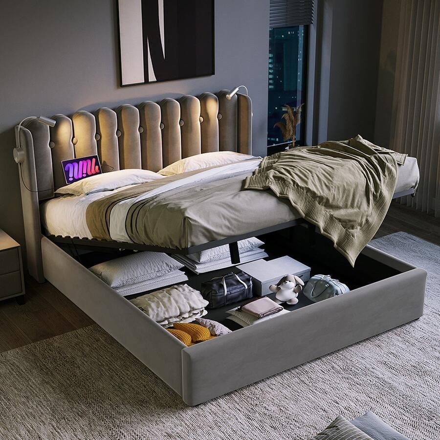 KOMHTOM Bed Tweepersoonsbed 140x200 cm Chest bed Leesbed met laadfunctie Hoofdbord Opbergruimte Grijs