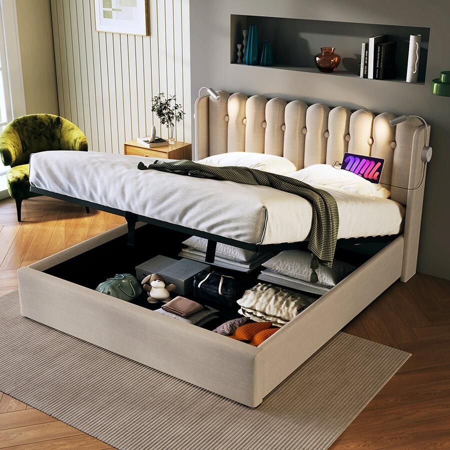 KOMHTOM Bed Tweepersoonsbed 140x200 cm Chest bed Leesbed met laadfunctie Hoofdbord Opbergruimte Naturel