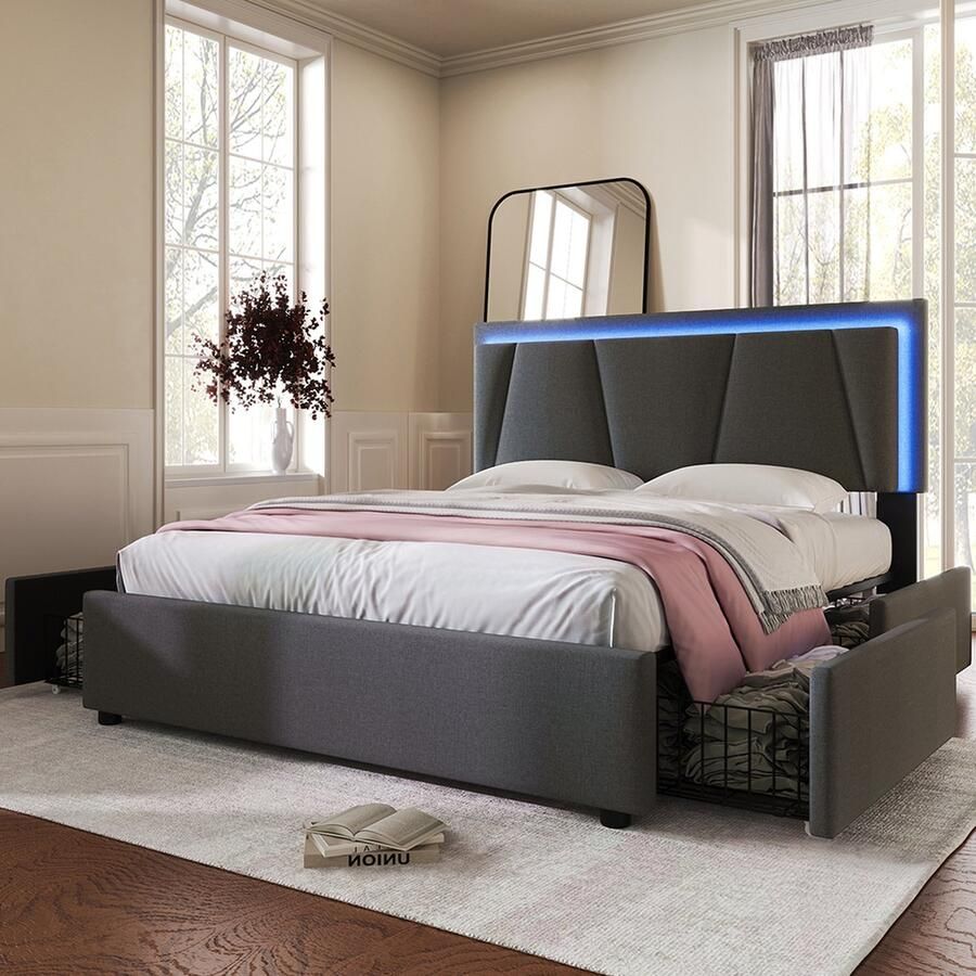 KOMHTOM Bed Tweepersoonsbed 140x200 cm Gestoffeerd bed met LED-verlichting en 2 laden In hoogte verstelbaar hoofdbord Grijs