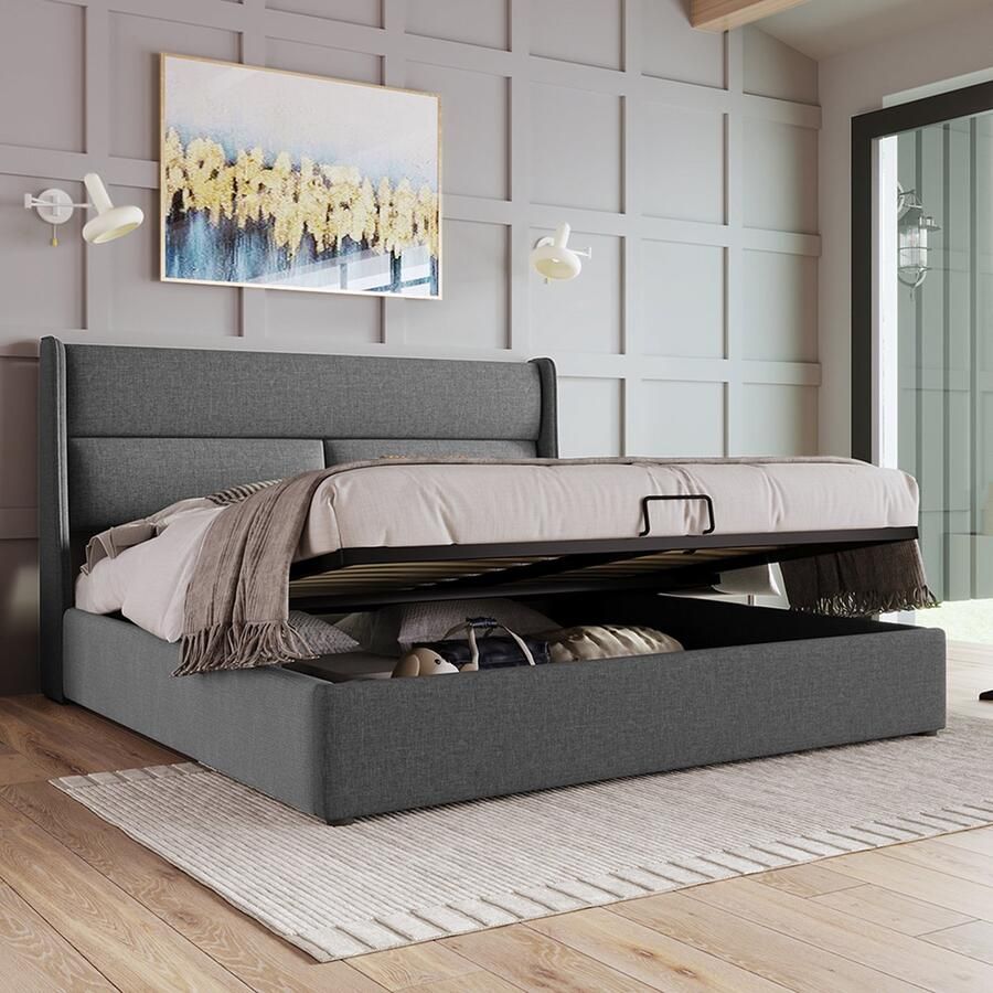 KOMHTOM Bed Tweepersoonsbed 140x200 cm Gestoffeerd met verstelbare hoofdsteun Opbergbed met lattenbodem Grijs