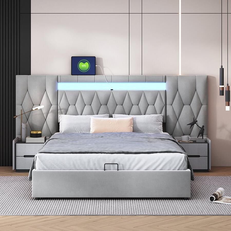 KOMHTOM Bed Tweepersoonsbed 140x200 cm Kofferbed met grote rugleuning LED- en USB-aansluiting Grijs