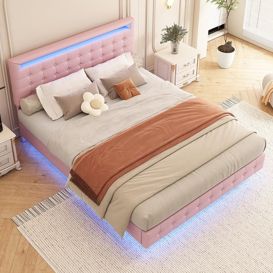 KOMHTOM Bed Tweepersoonsbed 140x200 cm LED-sfeerverlichting ophanging Hoofdbord in hoogte verstelbaar Roze