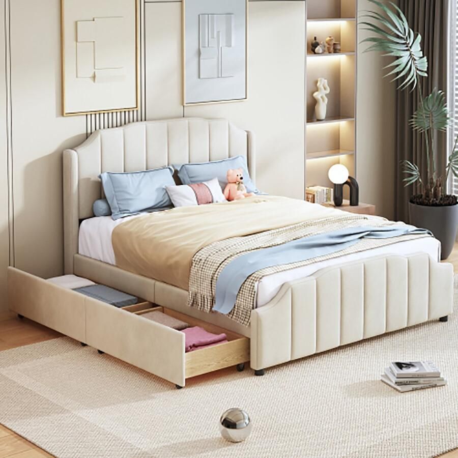 KOMHTOM Bed 140x200 cm met 2 laden tweepersoonsbed gestoffeerd in fluweel Beige