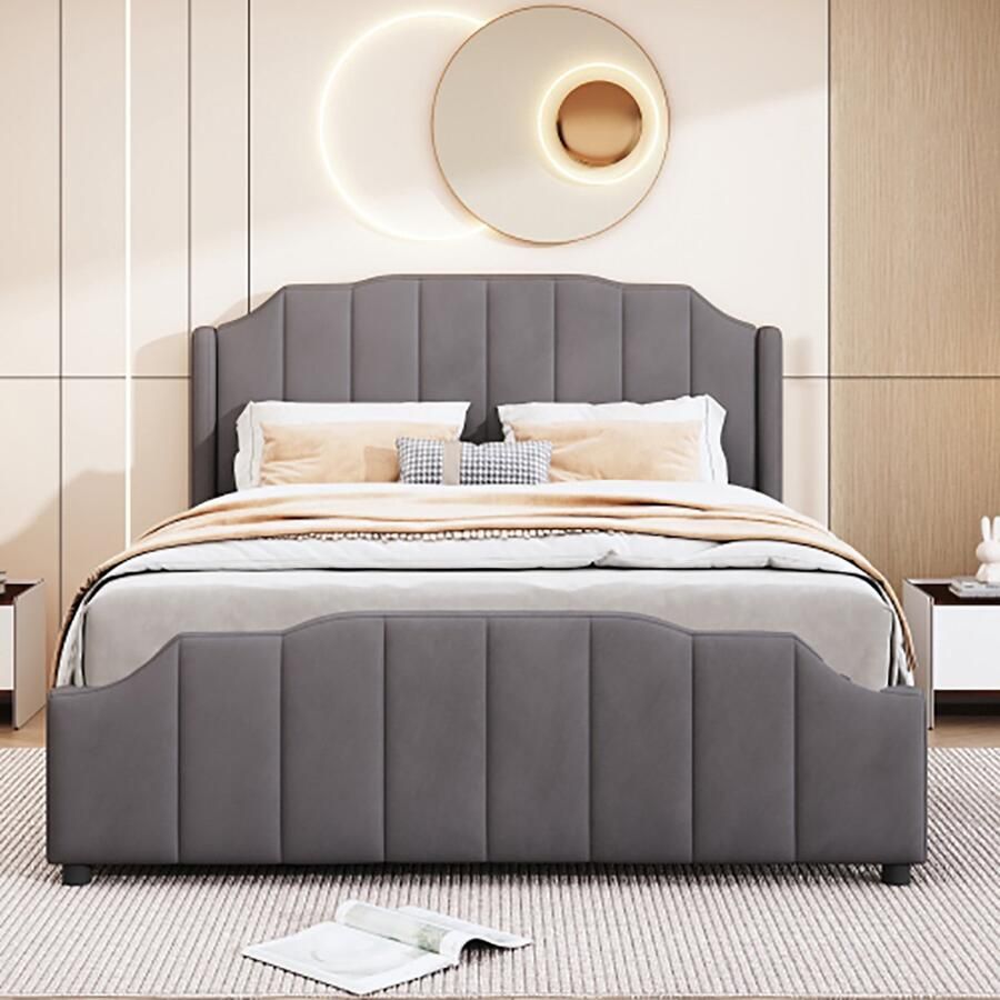 KOMHTOM Bed Tweepersoonsbed 140x200 cm met 2 laden hoofdbord voeteneind en lattenbodem gestoffeerd fluweel Grijs