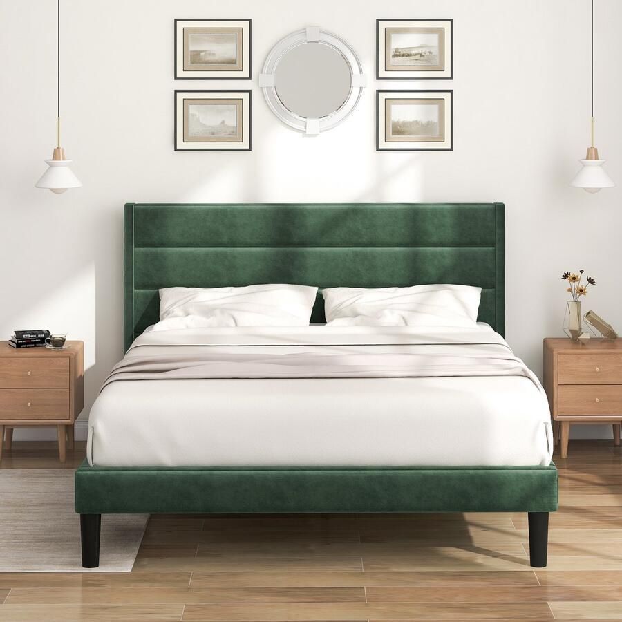 KOMHTOM Tweepersoonsbed 140x200 cm met lattenbodem en hoofdeinde Scandinavische bed voor volwassenen Gestoffeerd bed Groen
