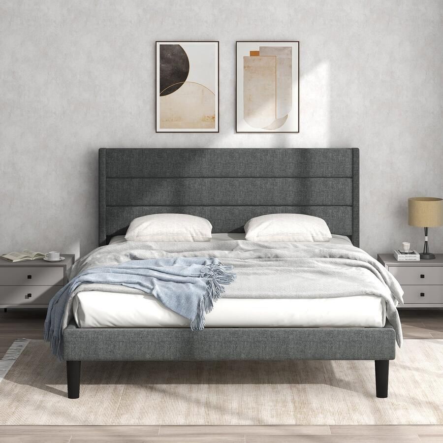 KOMHTOM Bed Tweepersoonsbed 140x200 cm met lattenbodem en hoofdeinde Gestoffeerd donkergrijs