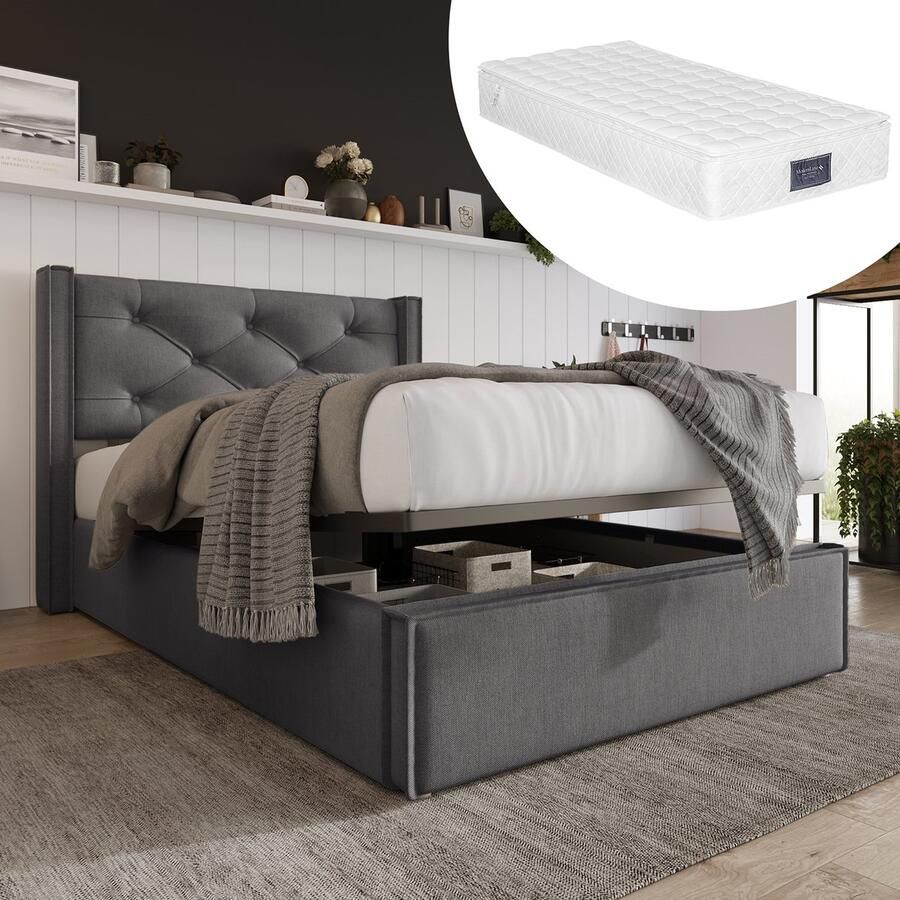 KOMHTOM Bed Tweepersoonsbed 140x200 cm met metalen gestoffeerd bed volwassenen grijs linnen met matras