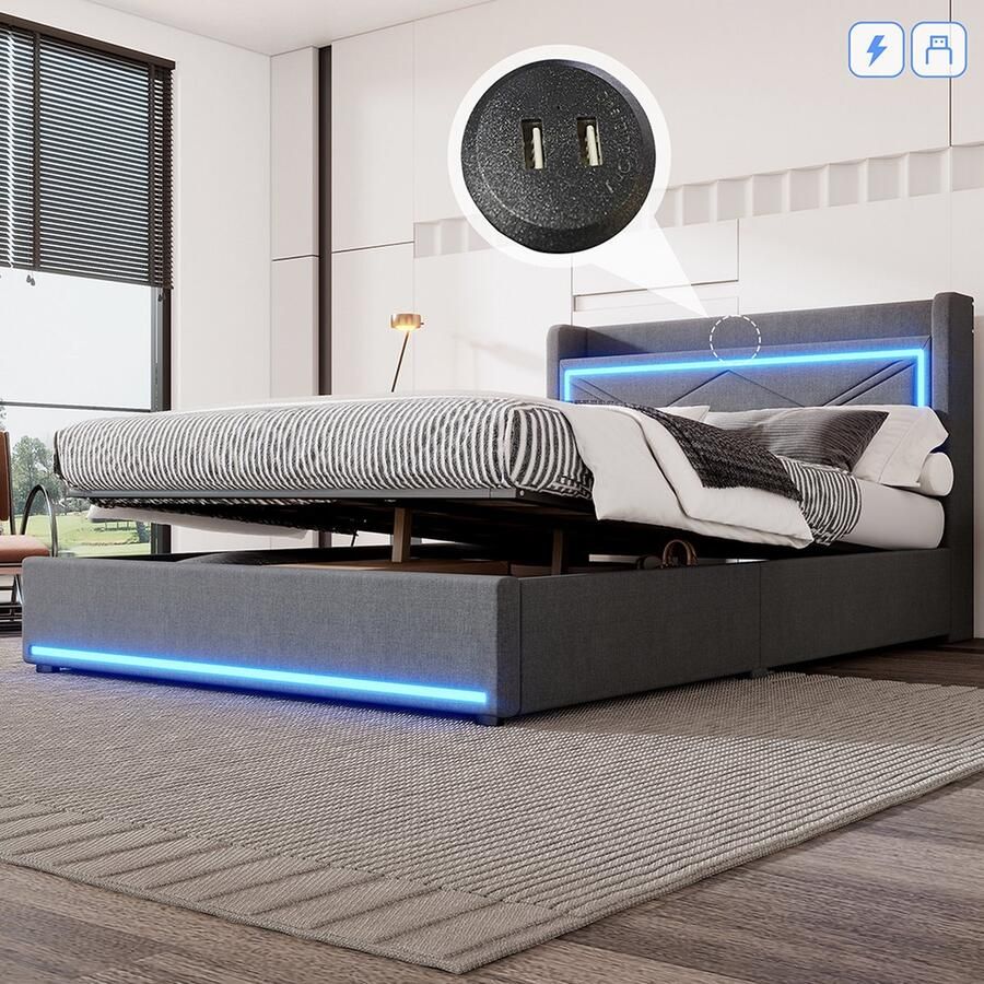 KOMHTOM Bed Tweepersoonsbed 140x200 cm Plat bed sfeervol licht USB-poort grote opbergruimte grijs