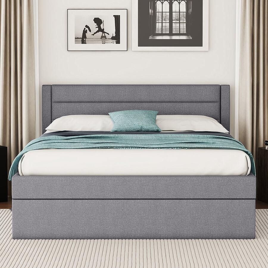 KOMHTOM Bed Tweepersoonsbed 140x200 cm Plat gestoffeerd bed met lift Grote opbergruimte Grijs