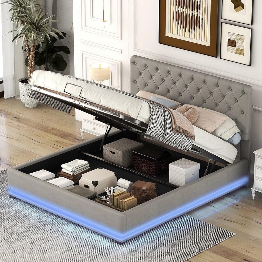 KOMHTOM Bed Tweepersoonsbed 140x200 cm Volwassen bed met LED-stripverlichting Verstelbaar hoofdeinde grijs