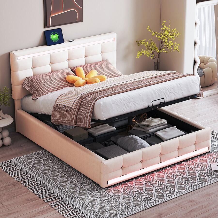 KOMHTOM Bed Tweepersoonsbed 140x200 cm voor volwassenen met 2 USB-oplaadpunten met LED-verlichting opbergruimte Beige