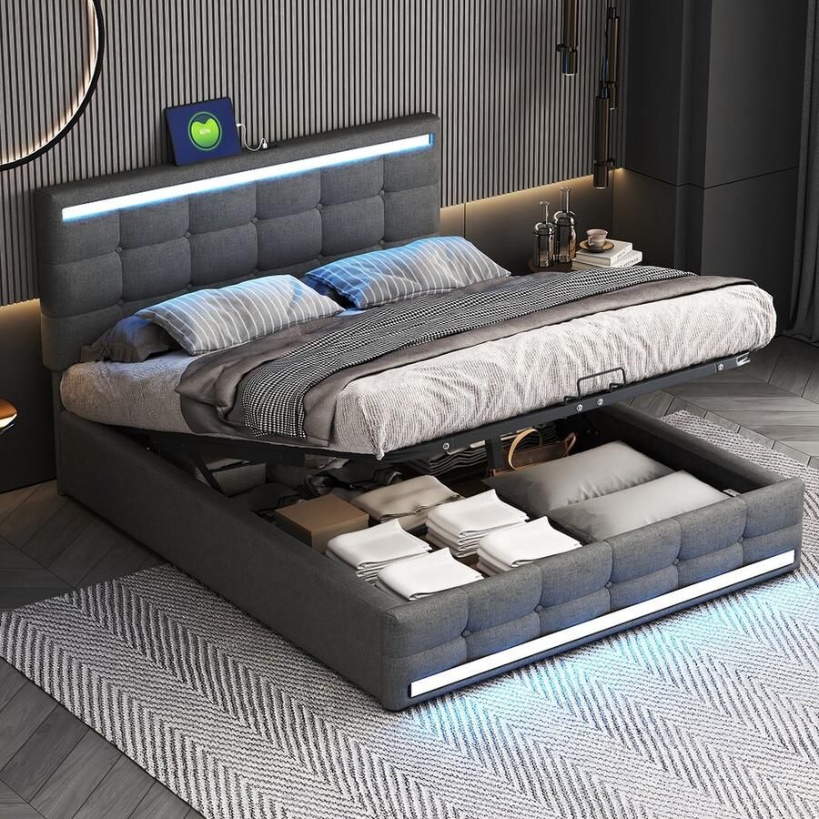 KOMHTOM Bed Tweepersoonsbed 140x200 cm voor volwassenen met 2 USB-oplaadpunten met LED-verlichting opbergruimte Donkergrijs