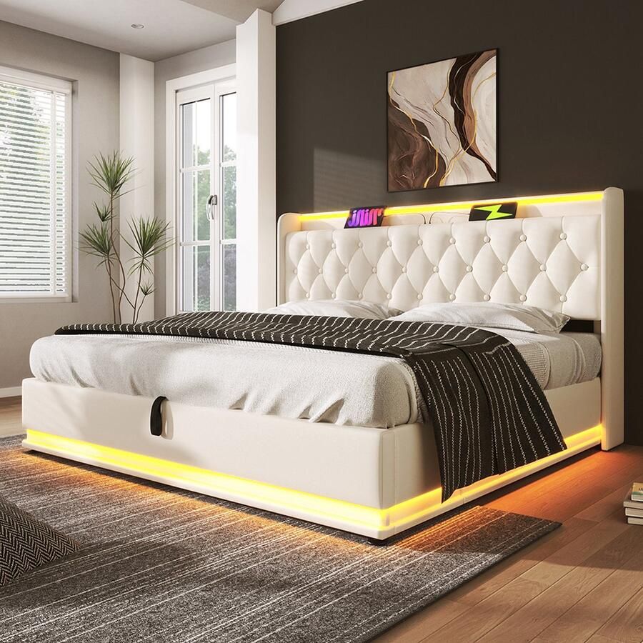 KOMHTOM Bed Tweepersoonsbed 140 x 200 cm 360 surround LED wit PU gestoffeerd hoofdeinde Type-C-oplaadfunctie