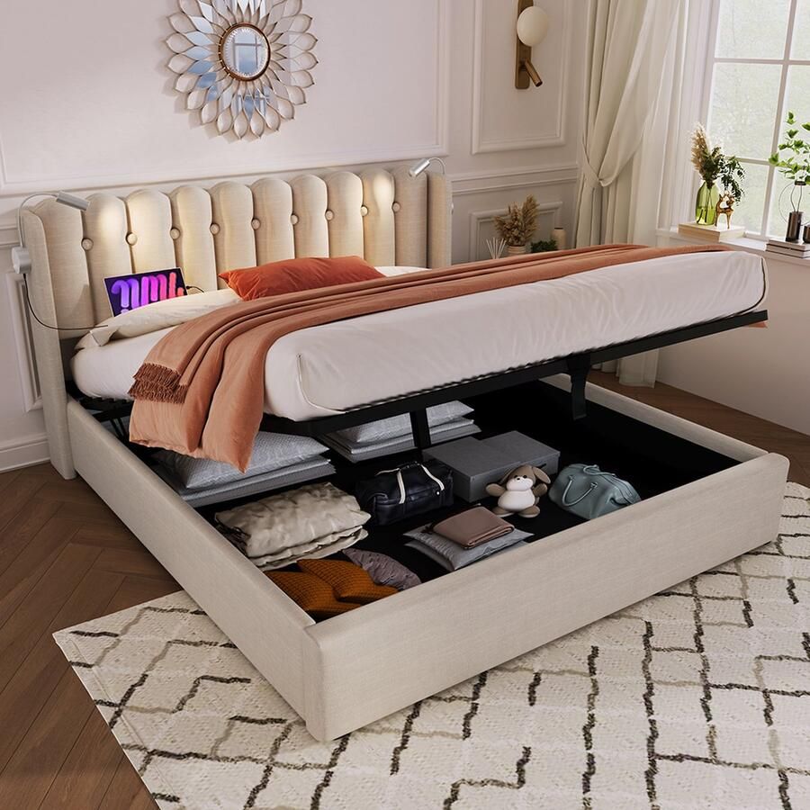 KOMHTOM Bed Tweepersoonsbed 160x200 cm Chest bed Leesbed met laadfunctie Hoofdbord Opbergruimte Naturel
