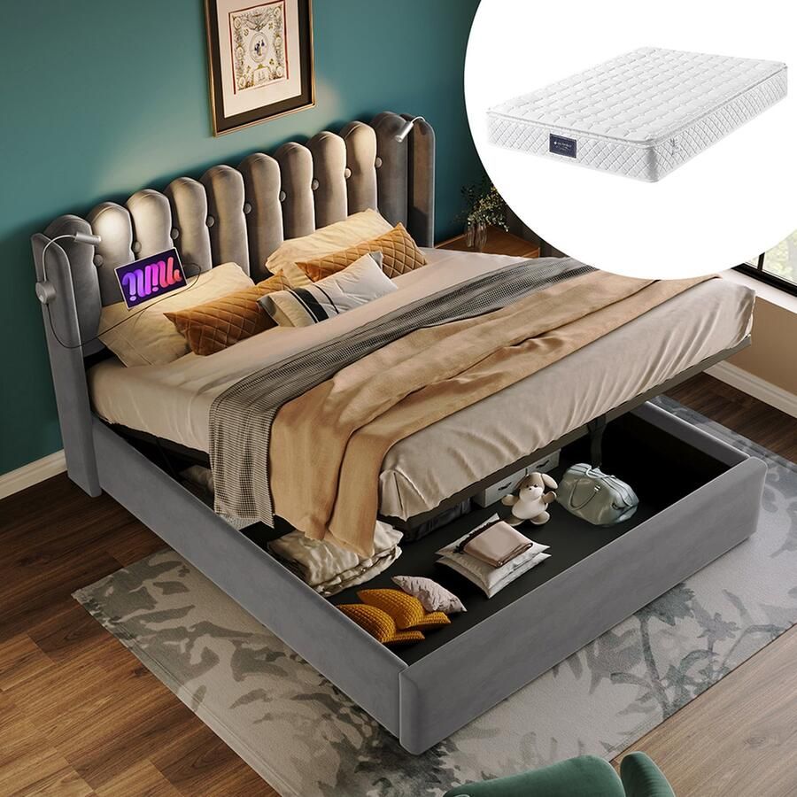 KOMHTOM Bed Tweepersoonsbed 160x200 cm Chest bed Leesbed met laadfunctie Hoofdbord Opbergruimte Grijs Met matras