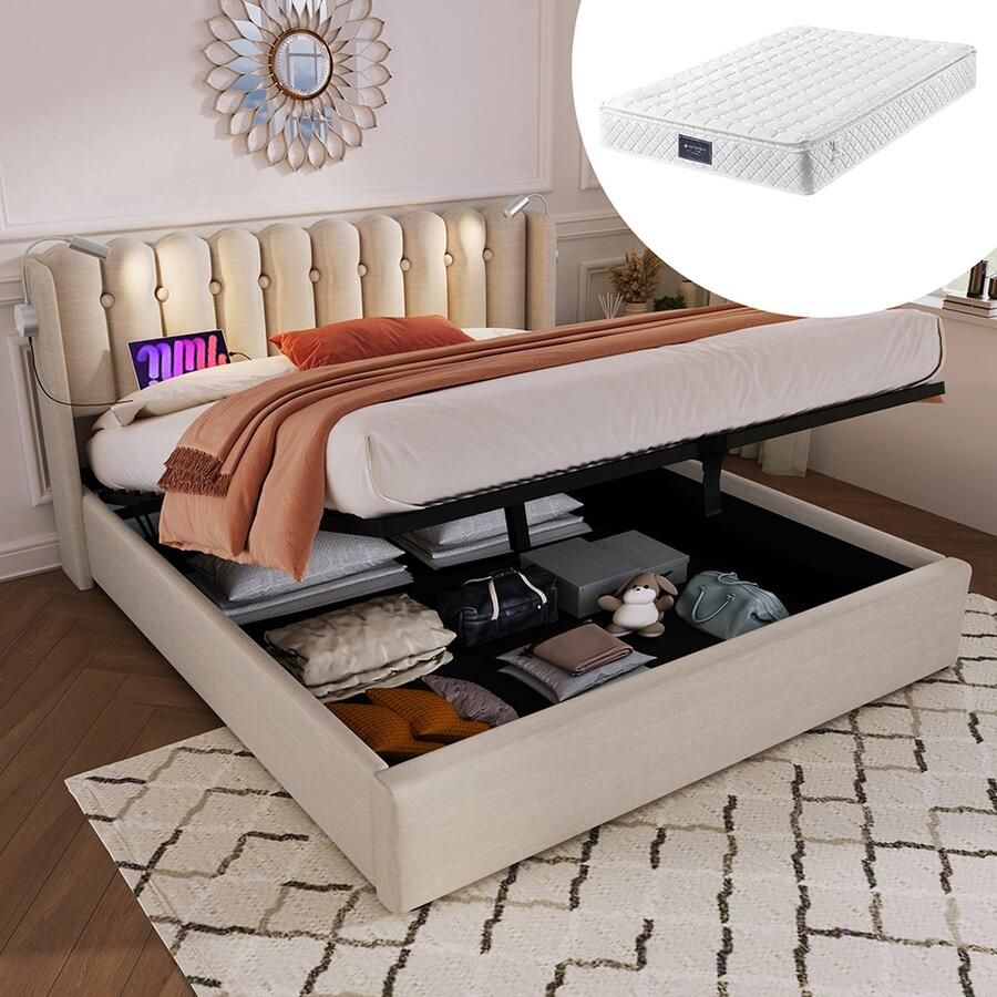 KOMHTOM Bed Tweepersoonsbed 160x200 cm Chest bed Leesbed met laadfunctie Hoofdbord Opbergruimte Naturel Met matras