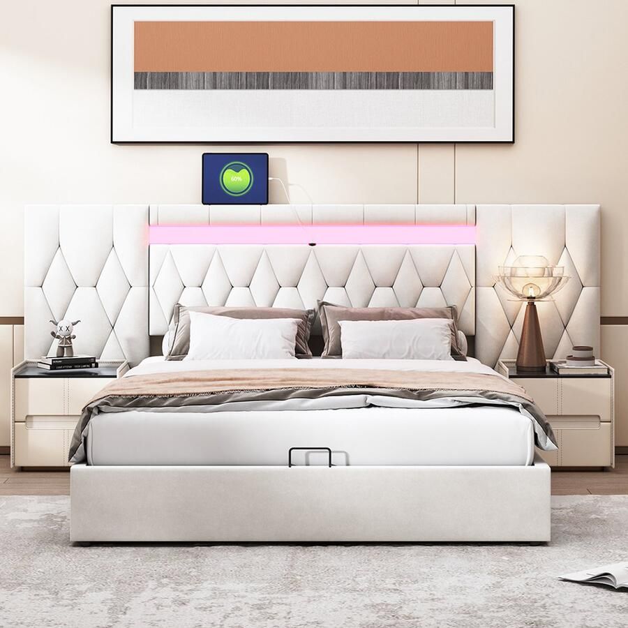 KOMHTOM Bed Tweepersoonsbed 160x200 cm Kofferbed met grote rugleuning LED- en USB-aansluiting Beige