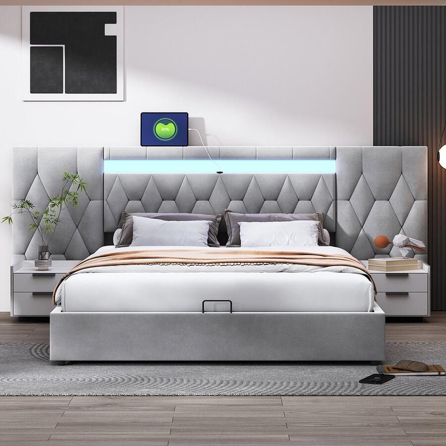 KOMHTOM Bed Tweepersoonsbed 160x200 cm Kofferbed met grote rugleuning LED- en USB-aansluiting Grijs
