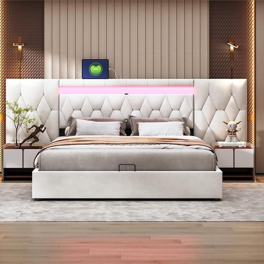 KOMHTOM Bed Tweepersoonsbed 160x200 cm Kofferbed met grote rugleuning LED- en USB-aansluiting Beige