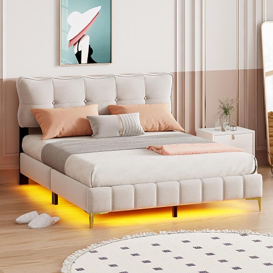 KOMHTOM Bed Tweepersoonsbed 160x200 cm met LED-verlichting en fluwelen rugleuning Volwassenenbed beige