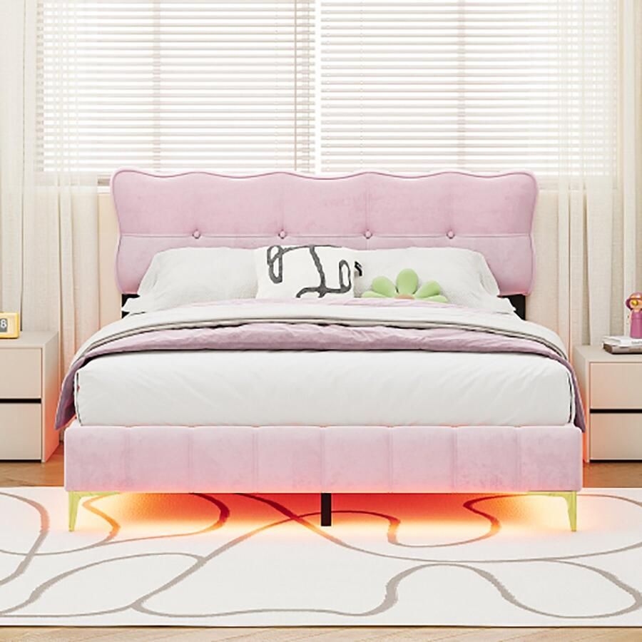 KOMHTOM Bed Tweepersoonsbed 160x200 cm met LED-verlichting en fluwelen rugleuning Volwassenenbed roze