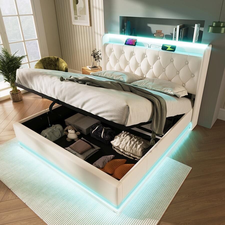 KOMHTOM Bed Tweepersoonsbed 180 x 200 cm 360 surround LED wit PU gestoffeerd hoofdeinde Type-C-oplaadfunctie