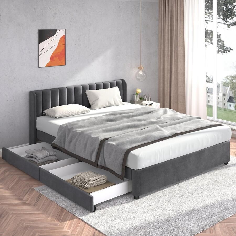 KOMHTOM Bed Tweepersoonsbed 180x200 cm Bed met 2 laden Fluweel gestoffeerd bed met lattenbodem Hoog hoofdbord Grijs