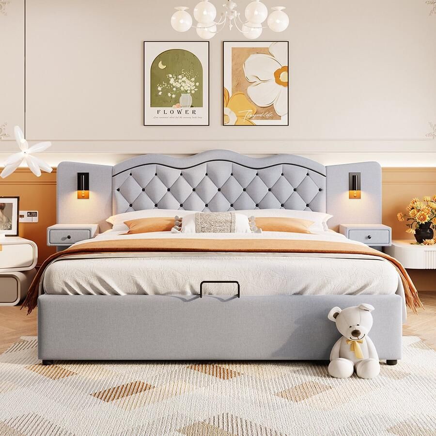 KOMHTOM Bed Tweepersoonsbed 180x200 cm gestoffeerd bed USB-aansluiting twee bedlampjes grote opbergruimte grijs