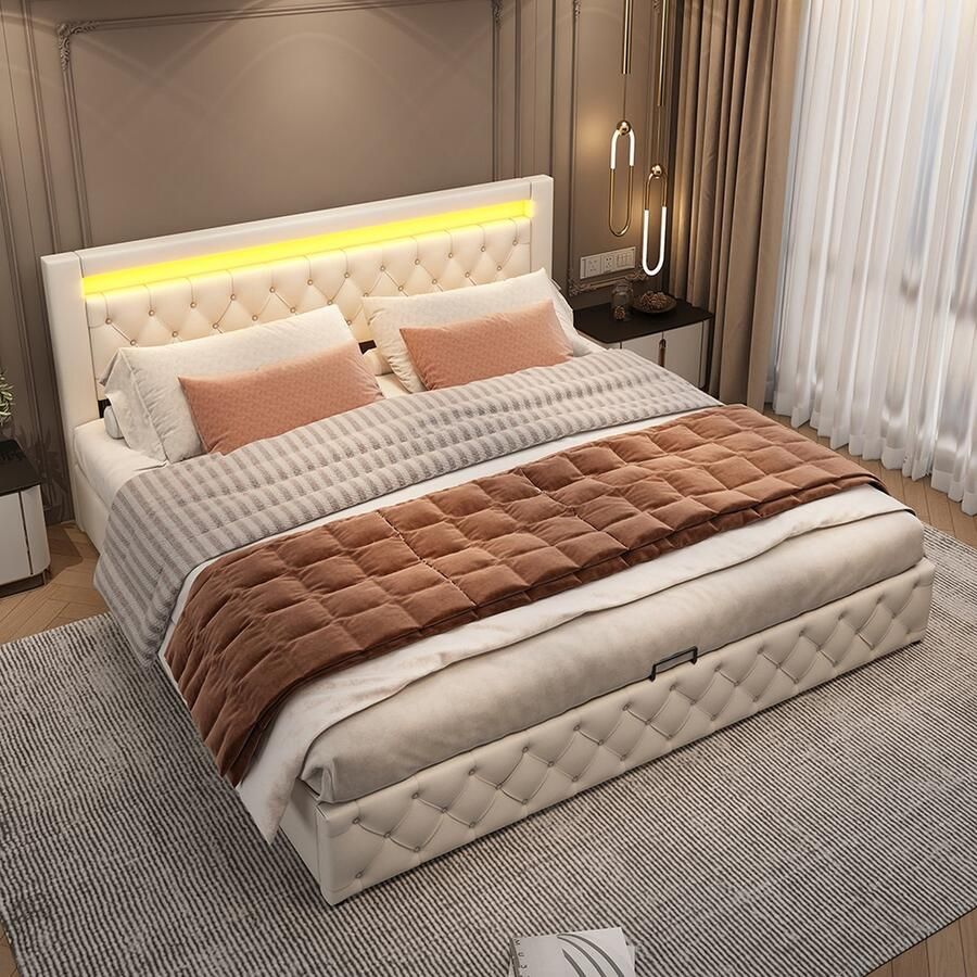 KOMHTOM Bed Tweepersoonsbed 180x200 cm met lattenbodem en opbergruimte met LED-verlichting met opbergfunctie Wit PU