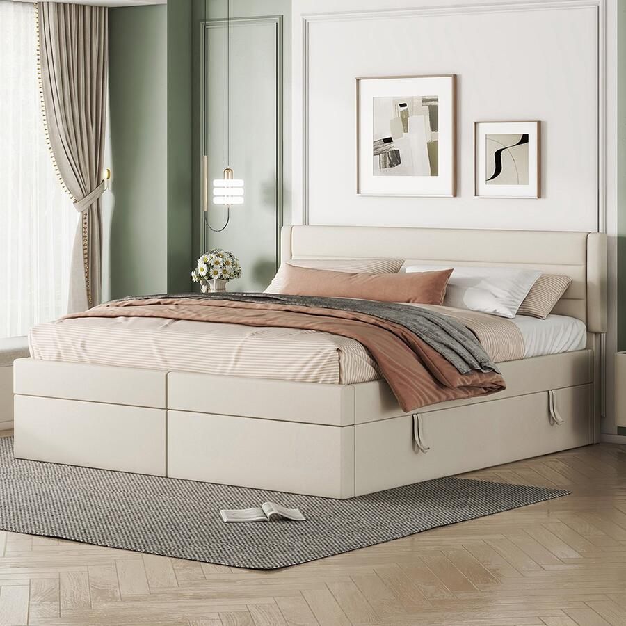 KOMHTOM Bed Tweepersoonsbed 180x200 cm Plat gestoffeerd bed met lift Grote opbergruimte Beige