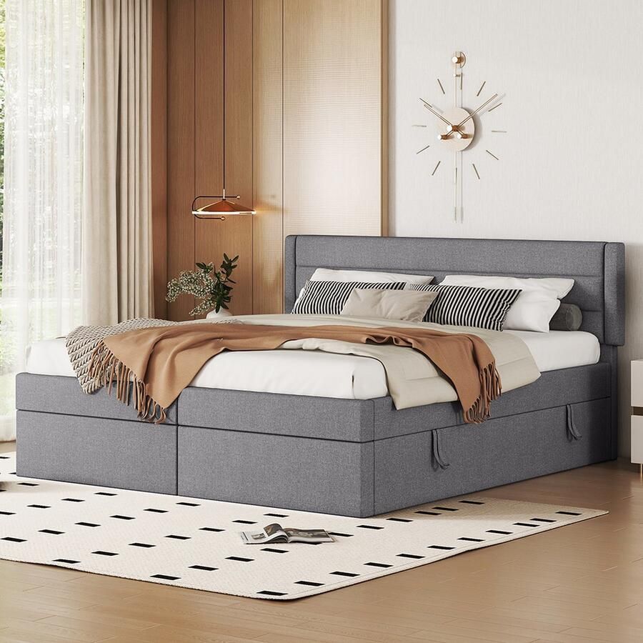 KOMHTOM Bed Tweepersoonsbed 180x200 cm Plat gestoffeerd bed met lift Grote opbergruimte Grijs