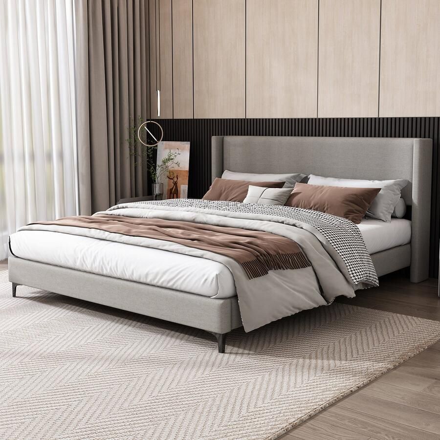 KOMHTOM Bed Tweepersoonsbed 180x200 cm Volwassenenbed met lattenbodem Gestoffeerd hoofdbord linnen grijs